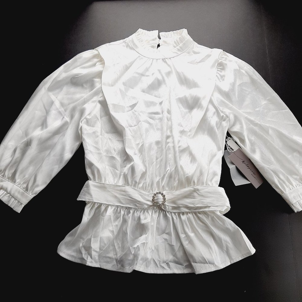 Melograno Rico Womens Belted Blouse Size Small Shimmery White Peplum Ruffle Neck